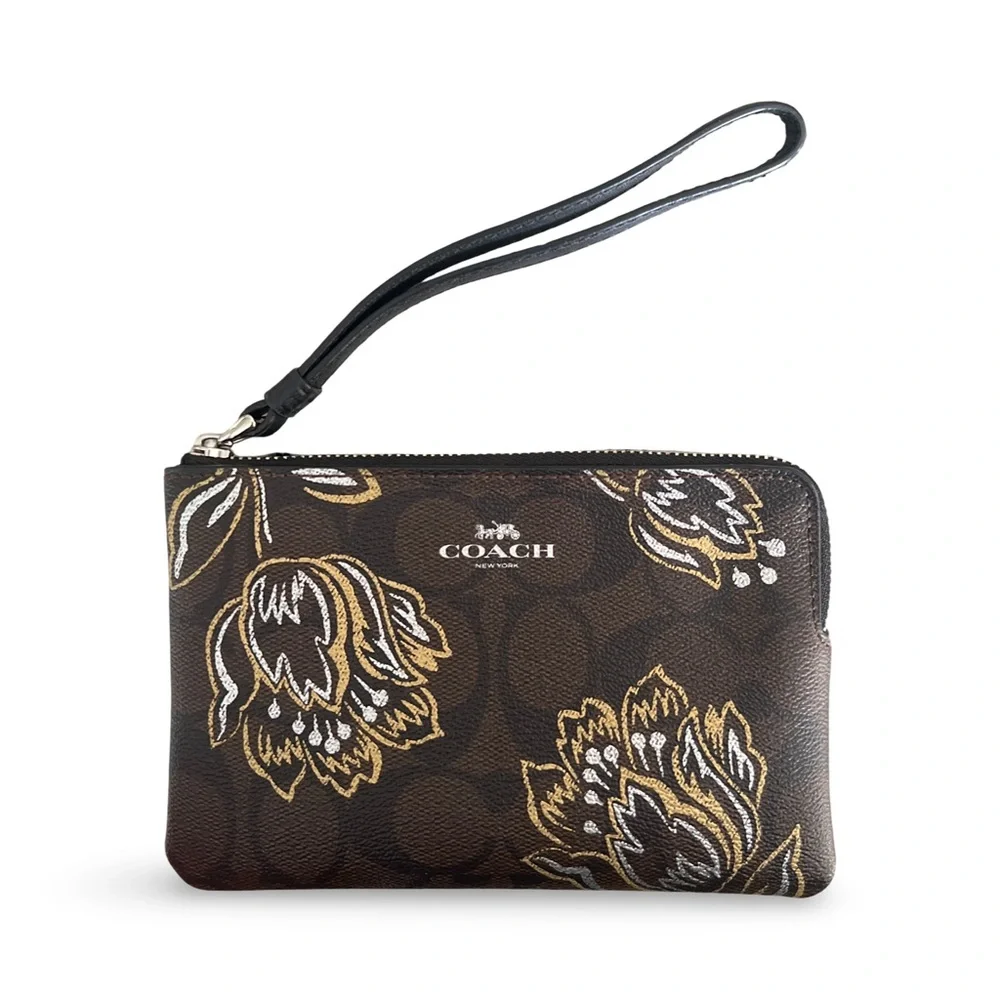 Coach Wristlet with Gold & Silver Tulip Print on Brown & Black C Monogram